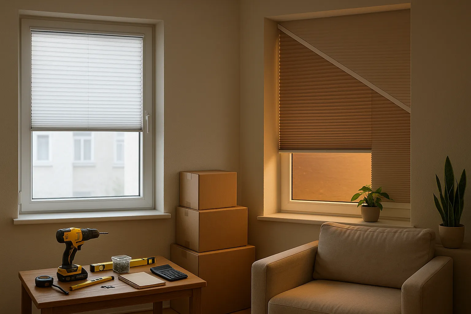 Preisvergleich und Spartipps für preiswerte Plissees mit DIY gegen Maßanfertigung, Wohnzimmer mit zwei Fenstern, links Standardmontage mit Werkzeugen, rechts passgenaues Plissee in asymmetrischer Nische, unterschiedliche Transparenz für Tag und Abend