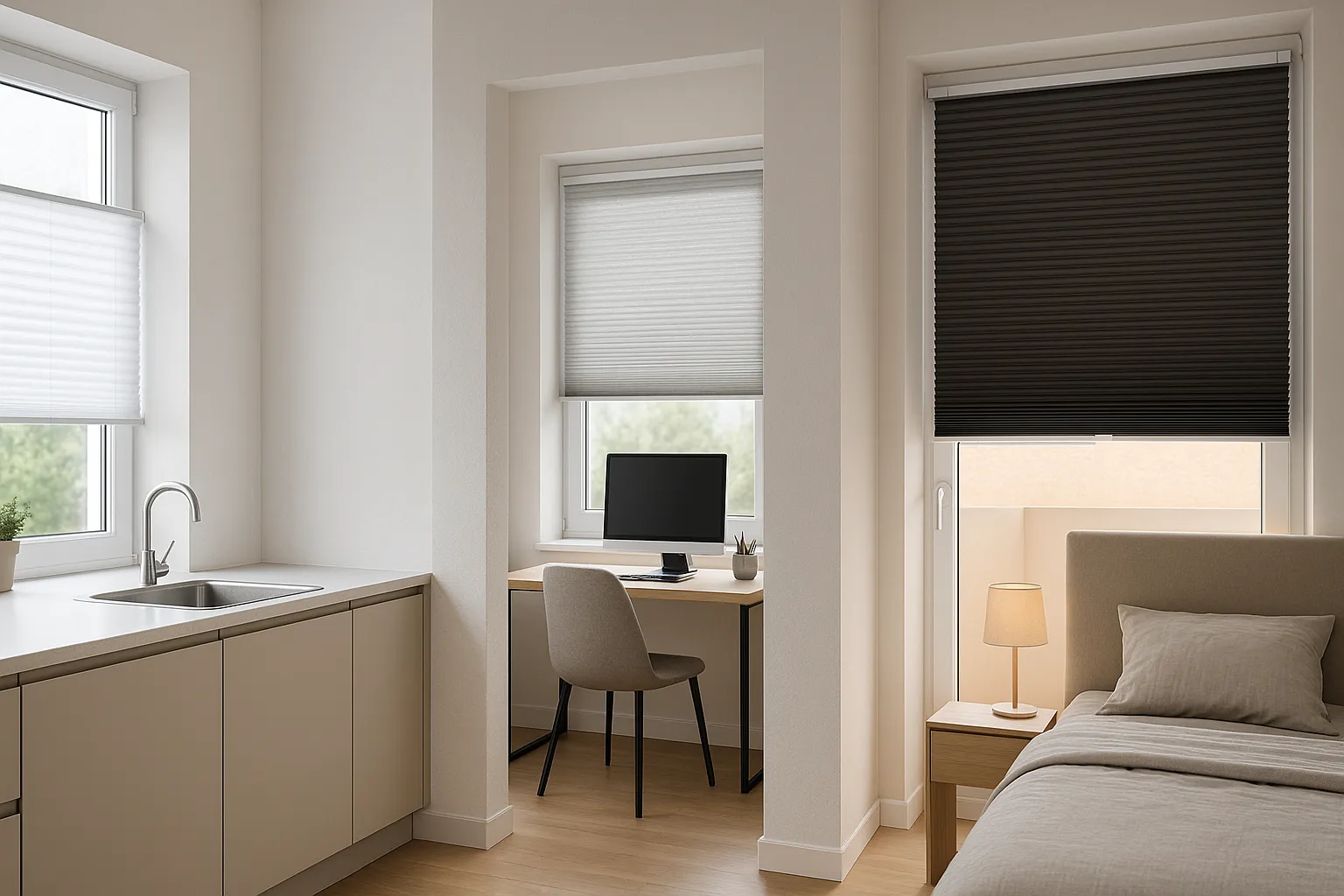 Preisvergleich und Spartipps für preiswerte Plissees: Küche mit Nordfenster und lichtdurchlässigem Sichtschutz, Homeoffice mit halbtransparentem Top-Down/Bottom-Up-Plissee für blendfreies Arbeiten, Schlafzimmer an Südfassade mit beschichtetem Wabenplissee für Abdunkelung und Wärmeschutz, neutrale Farben, Klemmträger und Standardbreiten