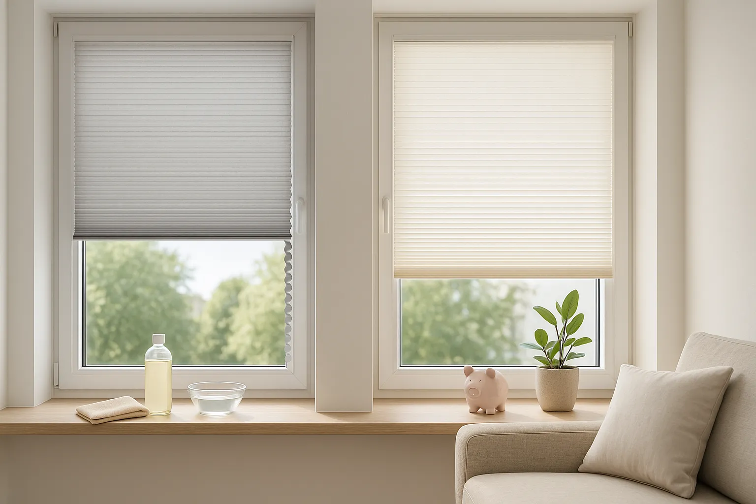 Preiswerte Wabenplissees am Fenster, zwei Modelle zum Preisvergleich, diffuses Sonnenlicht, energieeffizienter Sicht- und Hitzeschutz, Mikrofasertuch und Wasserschale für Pflege, kleines Sparschwein als Symbol für geringere Energiekosten