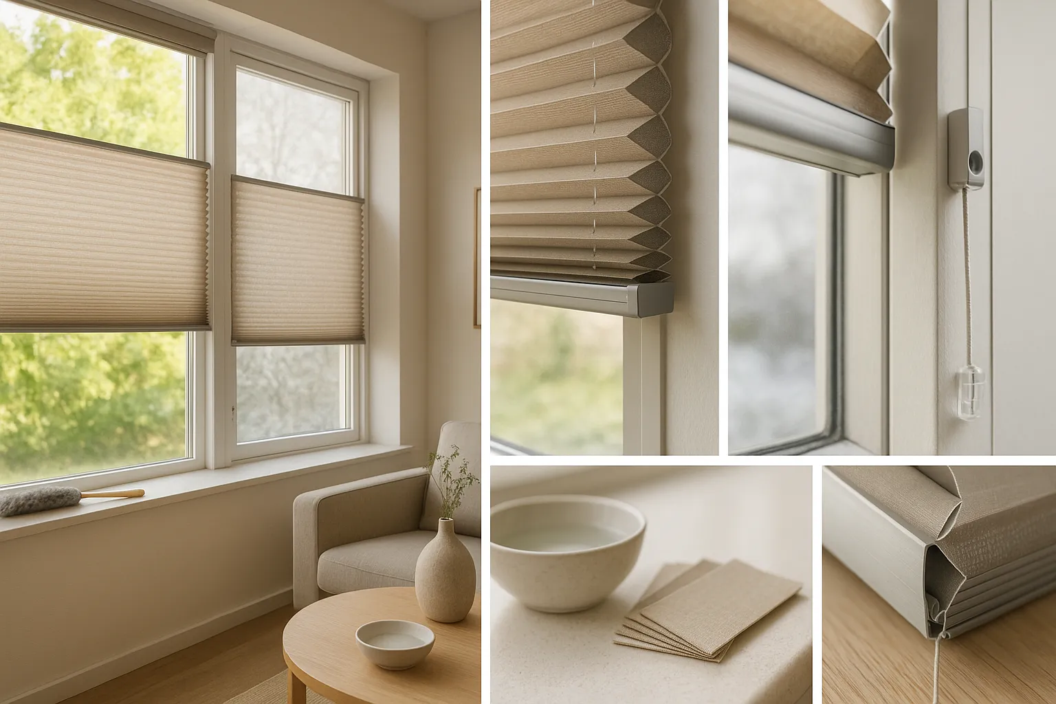 Preisvergleich für preiswerte Wabenplissees im Wohnzimmer, energieeffizienter Sonnenschutz mit ausgewogener Lichtsteuerung, Pflegezubehör auf der Fensterbank, langlebige Schienen und Spannmechanik, Stoffmuster zur Auswahl, Spartipps für geringere Gesamtkosten